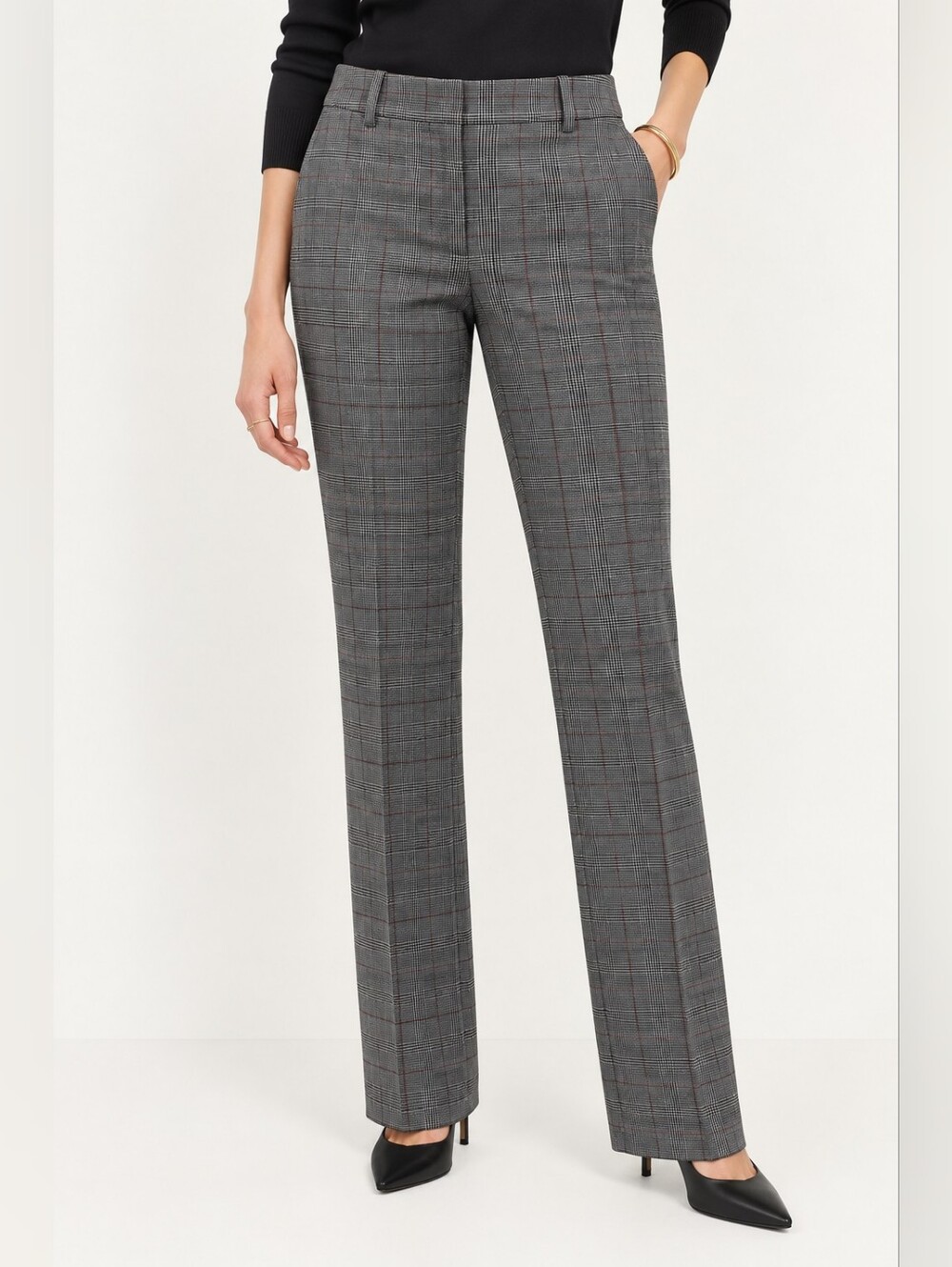 Ann Taylor Petite Glen Plaid Straight Leg Trouser Pants 8P Gray Black Burgundy